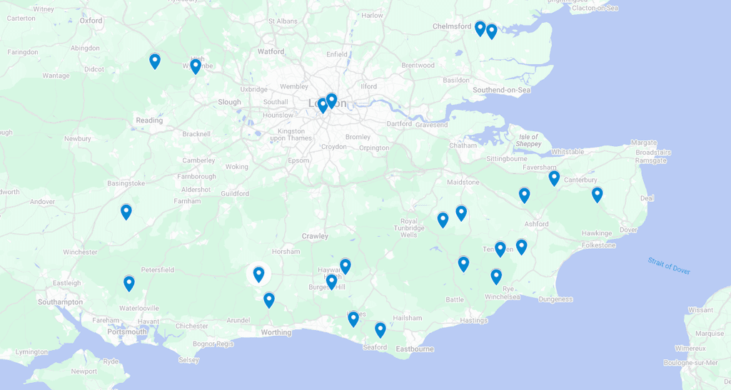Map of southern England showing the wineries featured in Vines in a Cold Climate.